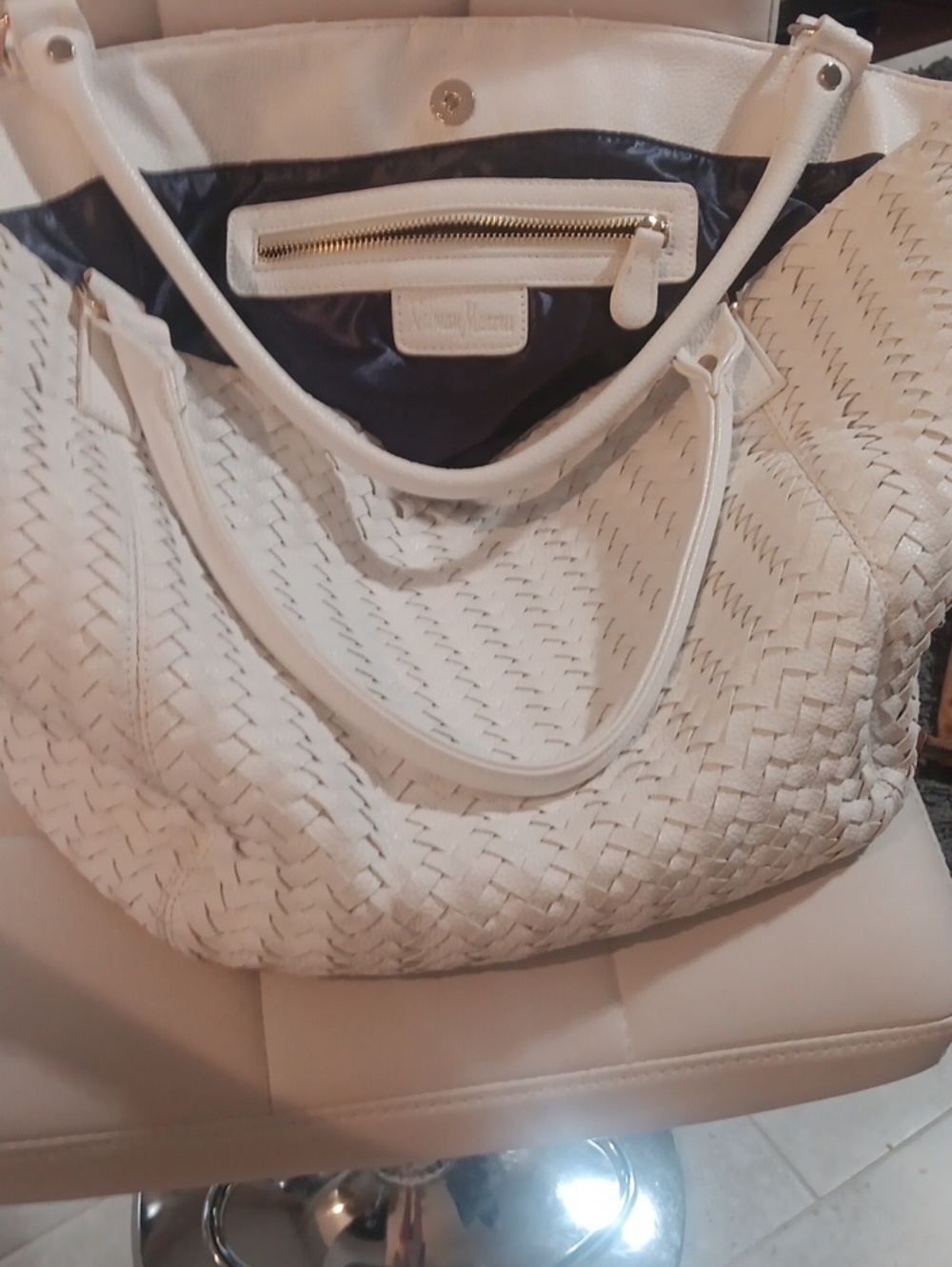 Neiman Marcus White Woven Leather Tote